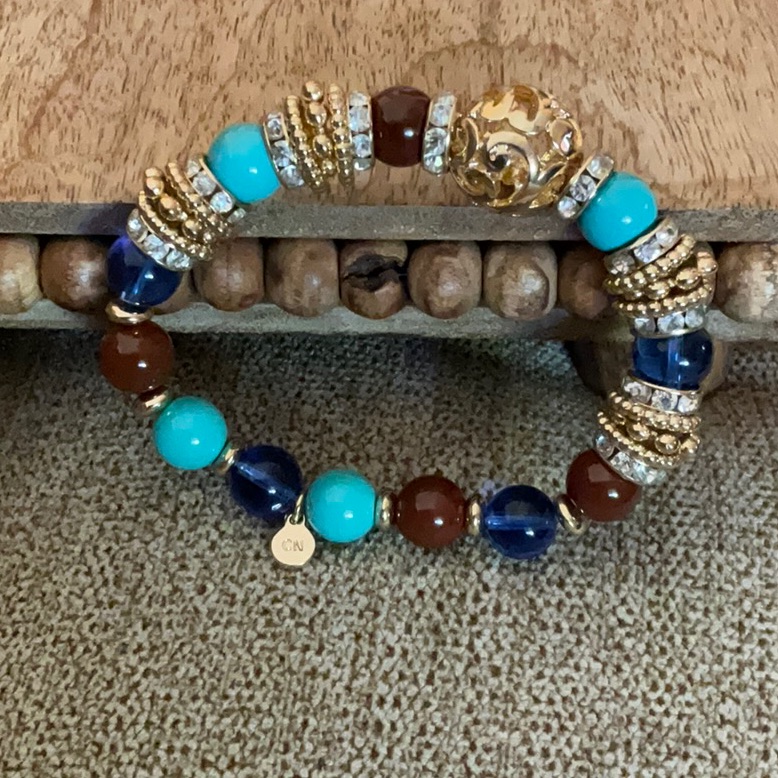 Bracelet, Gorgeous Signed Multicolor Beads W Rhinestones & Gold Color Beads